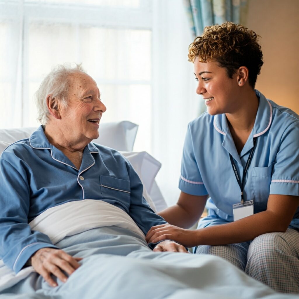 A resident sat in bed with carer to one side