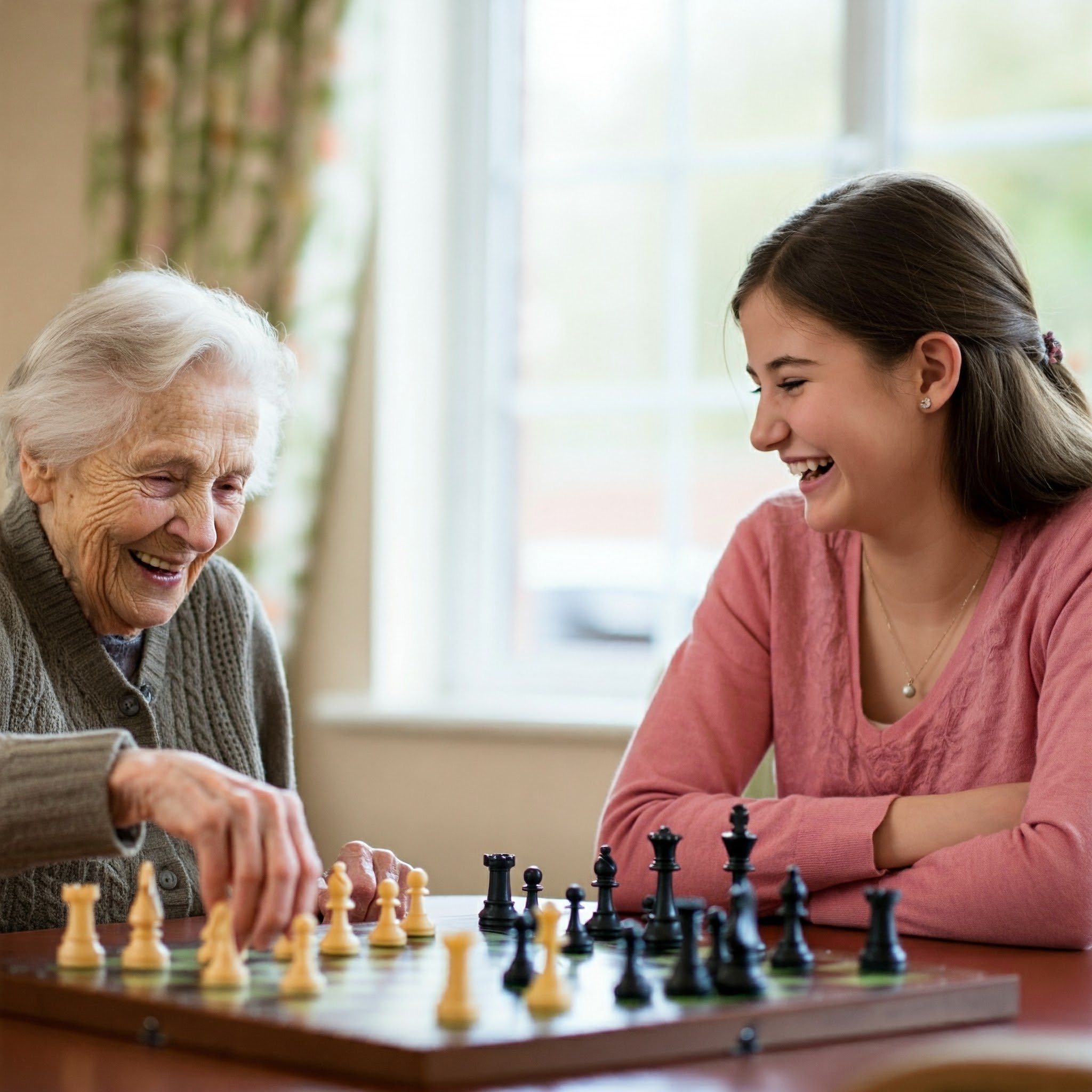 A resident playing chess with a family member