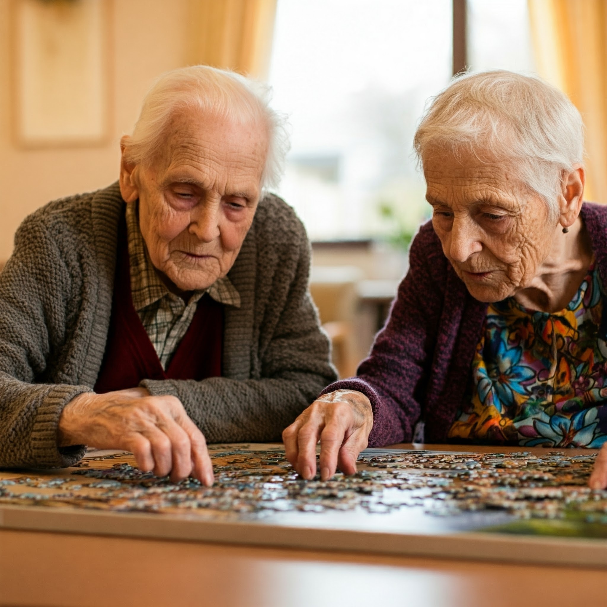 A pair of residents complete a jigsaw puzzle