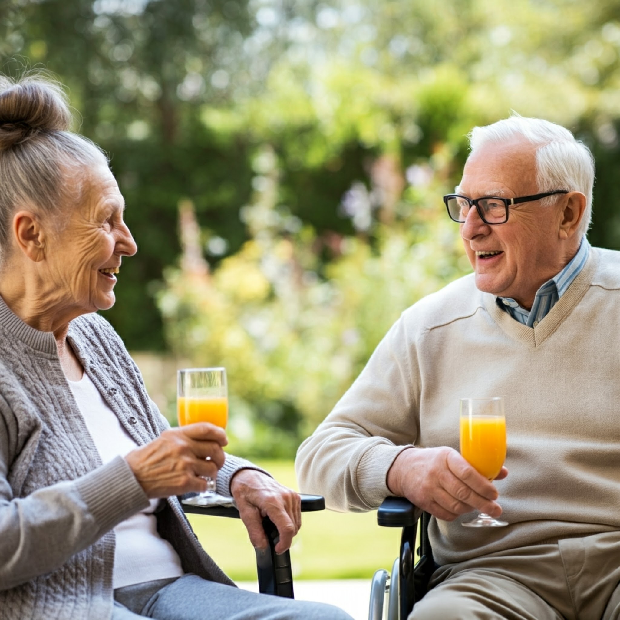 Residents relaxing in the garden with glasses of juice