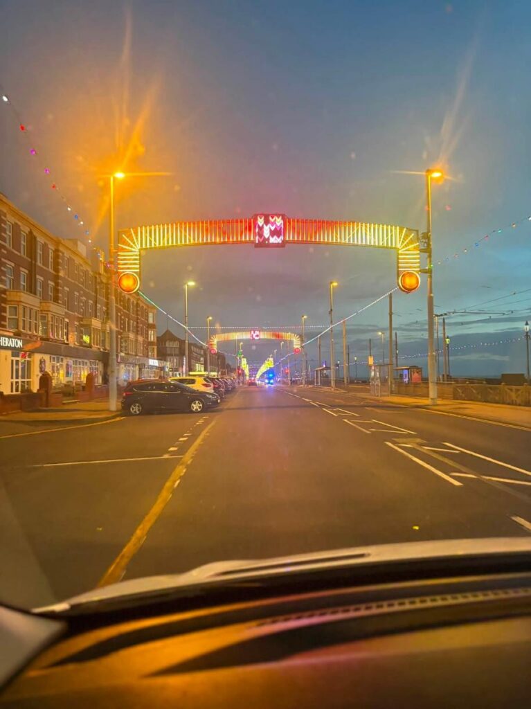 a street with bright lights